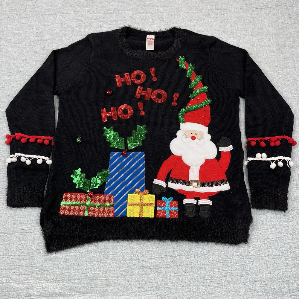 Holiday Time Embellished Ho Ho Ho Santa Claus Ugly Christmas Sweater Women's L‎